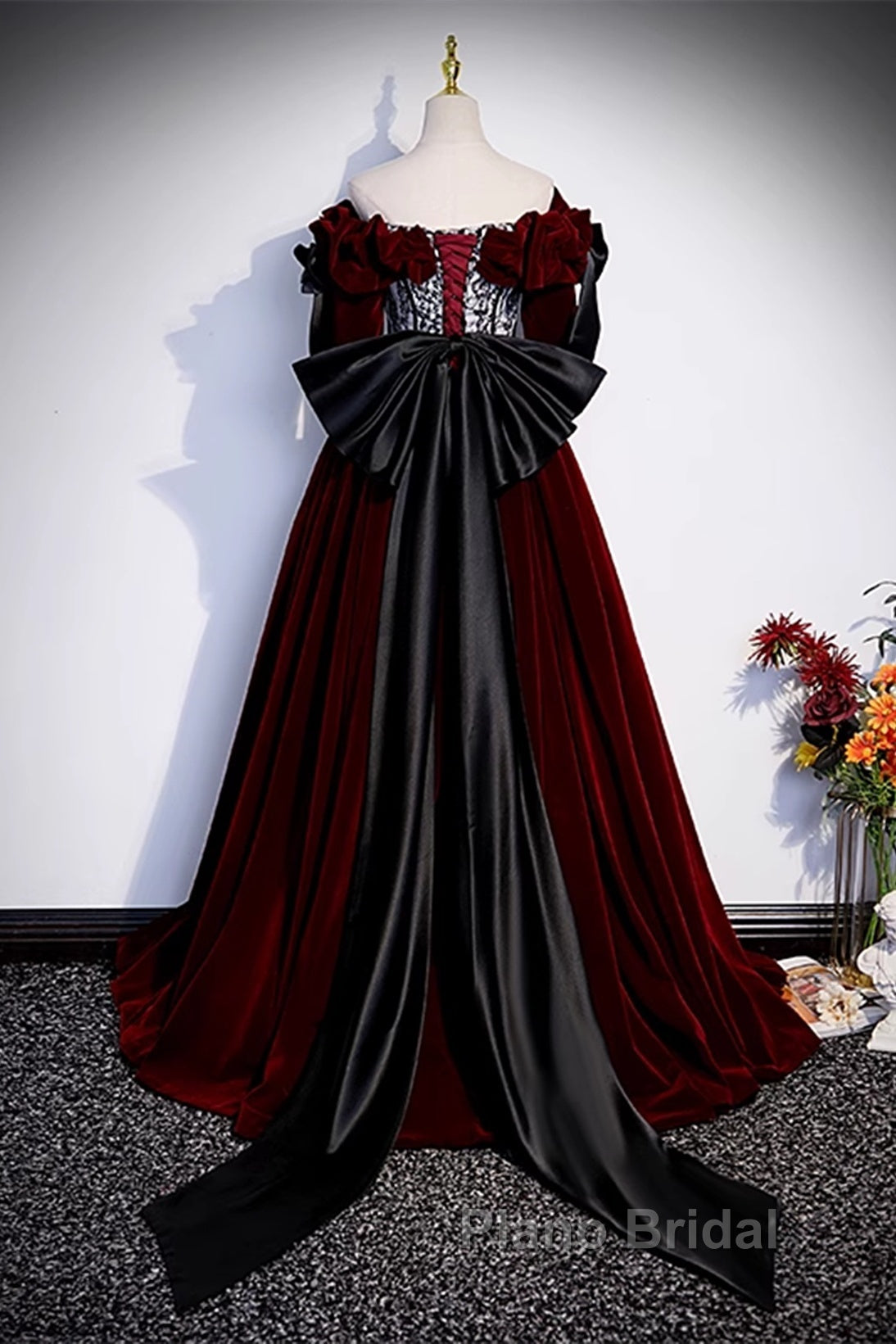 Wine Red Velvet Off Shoulder Party Dresses With Bow, Wine Red Velvet Long Formal Prom Dresses