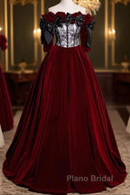 Wine Red Velvet Off Shoulder Party Dresses With Bow, Wine Red Velvet Long Formal Prom Dresses