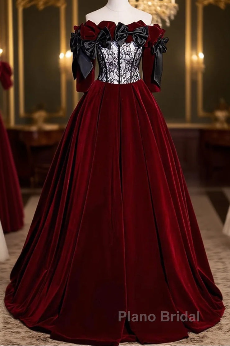 Wine Red Velvet Off Shoulder Party Dresses With Bow, Wine Red Velvet Long Formal Prom Dresses