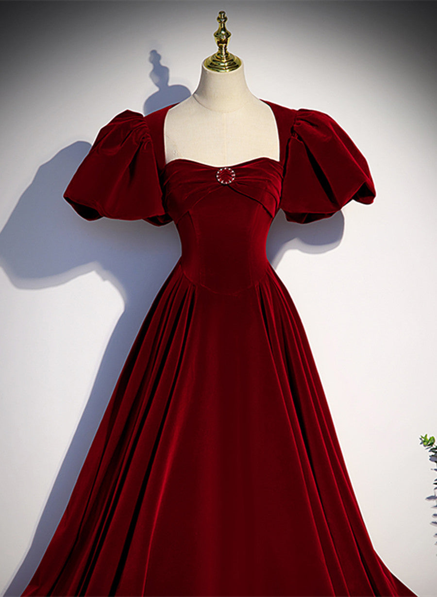 Wine Red Velvet Puffy Sleeves Long Party Dresses, Wine Red Long Formal Prom Dresses