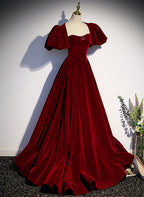 Wine Red Velvet Puffy Sleeves Long Party Dresses, Wine Red Long Formal Prom Dresses