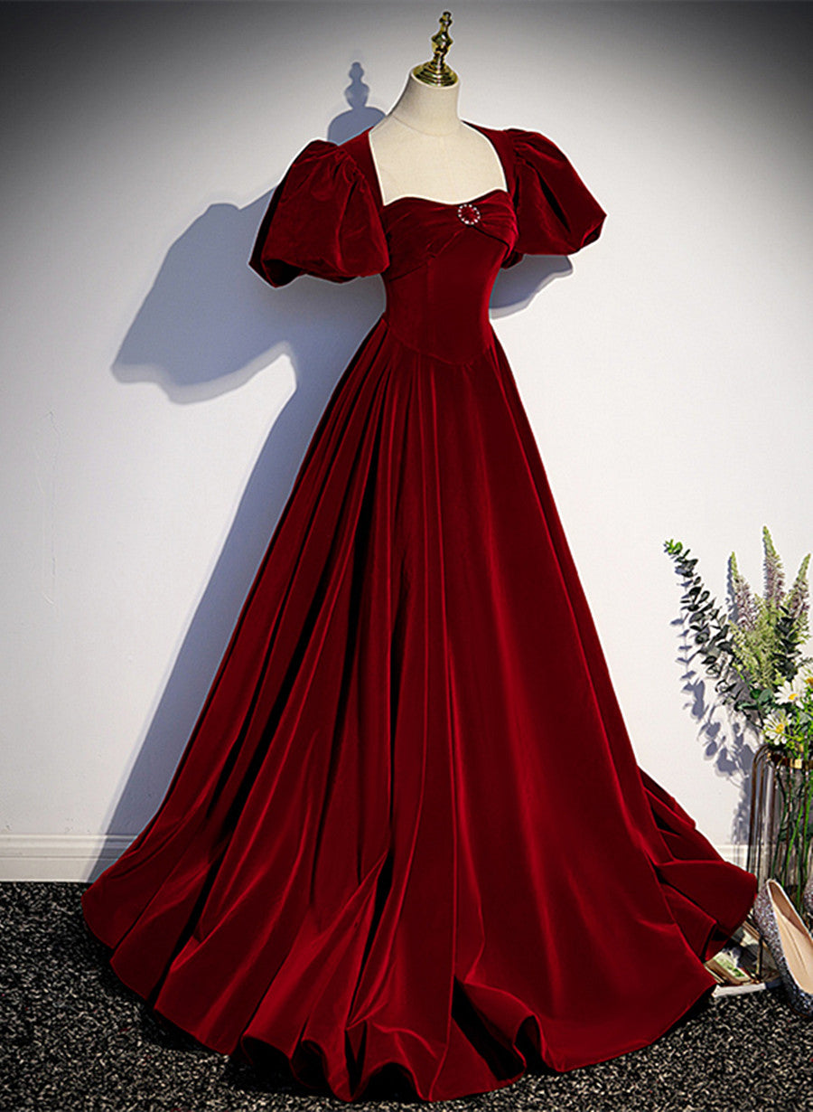 Wine Red Velvet Puffy Sleeves Long Party Dresses, Wine Red Long Formal Prom Dresses