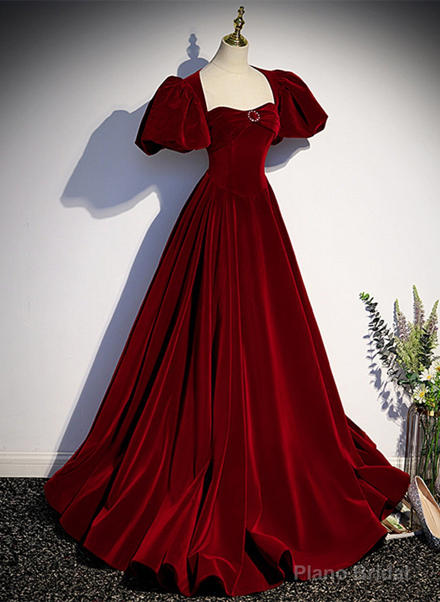 Wine Red Velvet Puffy Sleeves Long Party Dress, Wine Red Long Prom Dress