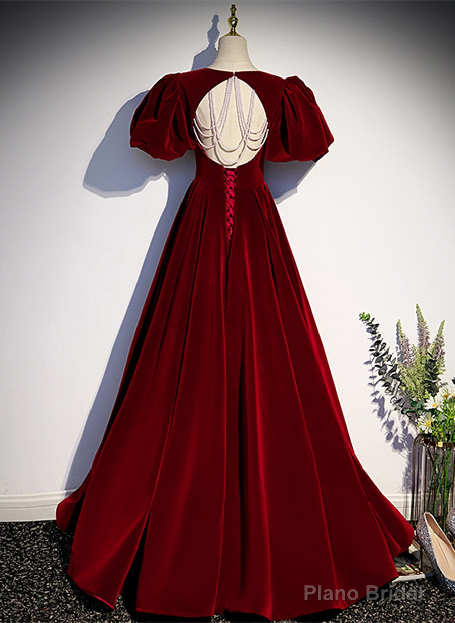 Wine Red Velvet Puffy Sleeves Long Party Dress, Wine Red Long Prom Dress Secondary image