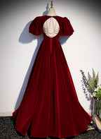 Wine Red Velvet Puffy Sleeves Long Party Dresses, Wine Red Long Formal Prom Dresses