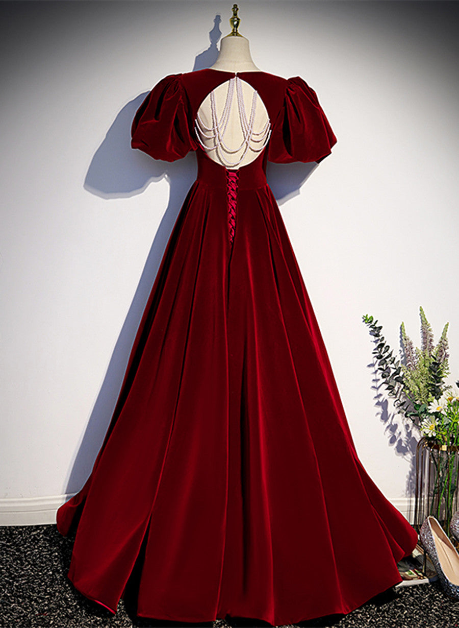 Wine Red Velvet Puffy Sleeves Long Party Dresses, Wine Red Long Formal Prom Dresses