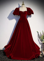 Wine Red Velvet Puffy Sleeves Long Party Dresses, Wine Red Long Formal Prom Dresses