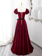 Wine Red Velvet Short Sleeves A-line Prom Dress, Wine Red Long Party Dress