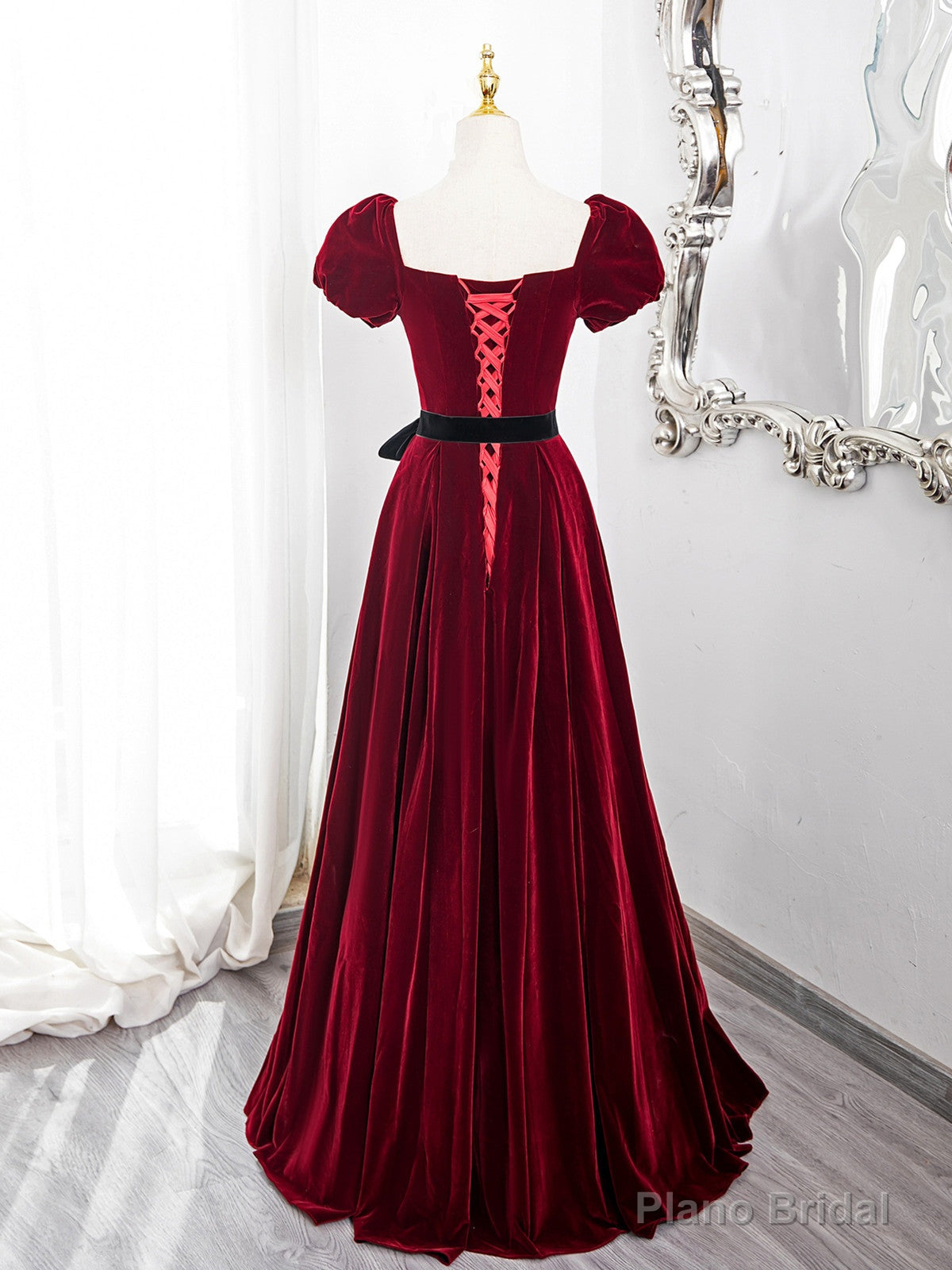 Wine Red Velvet Short Sleeves A-line Prom Dress, Wine Red Long Party Dress