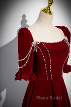 Wine Red Velvet Short Sleeves Long Formal Prom Dresses, Wine Red A-Line Evening Dresses