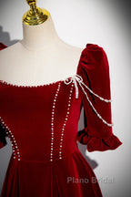 Wine Red Velvet Short Sleeves Long Formal Prom Dresses, Wine Red A-Line Evening Dresses