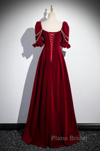 Wine Red Velvet Short Sleeves Long Formal Prom Dresses, Wine Red A-Line Evening Dresses