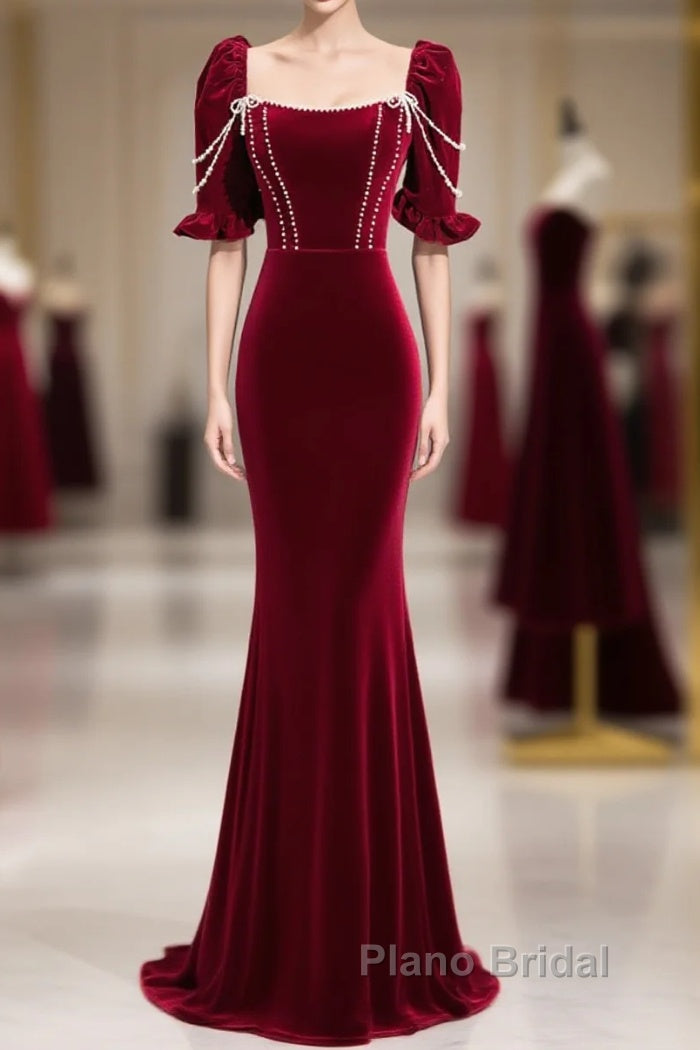 Wine Red Velvet Short Sleeves Long Formal Prom Dresses, Wine Red A-Line Evening Dresses Main image