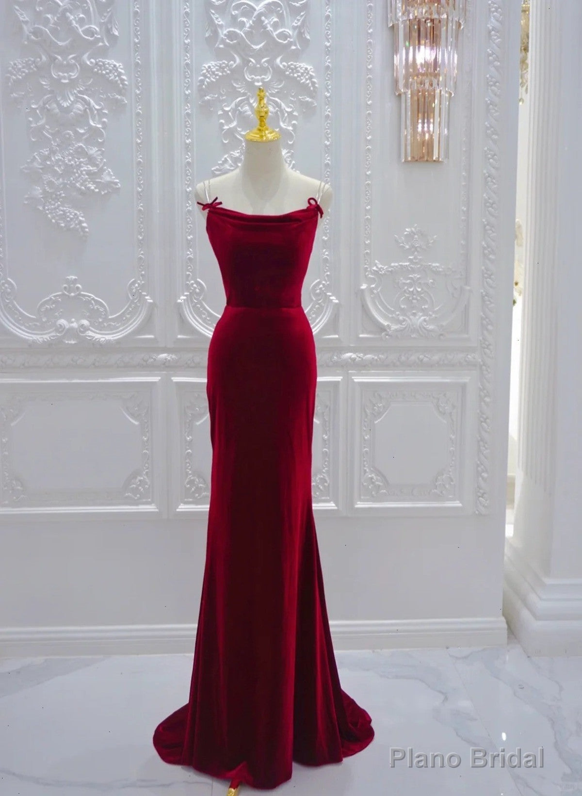 Wine Red Velvet Straps Cross Back Long Party Dress, Wine Red Velvet Prom Dress Main image