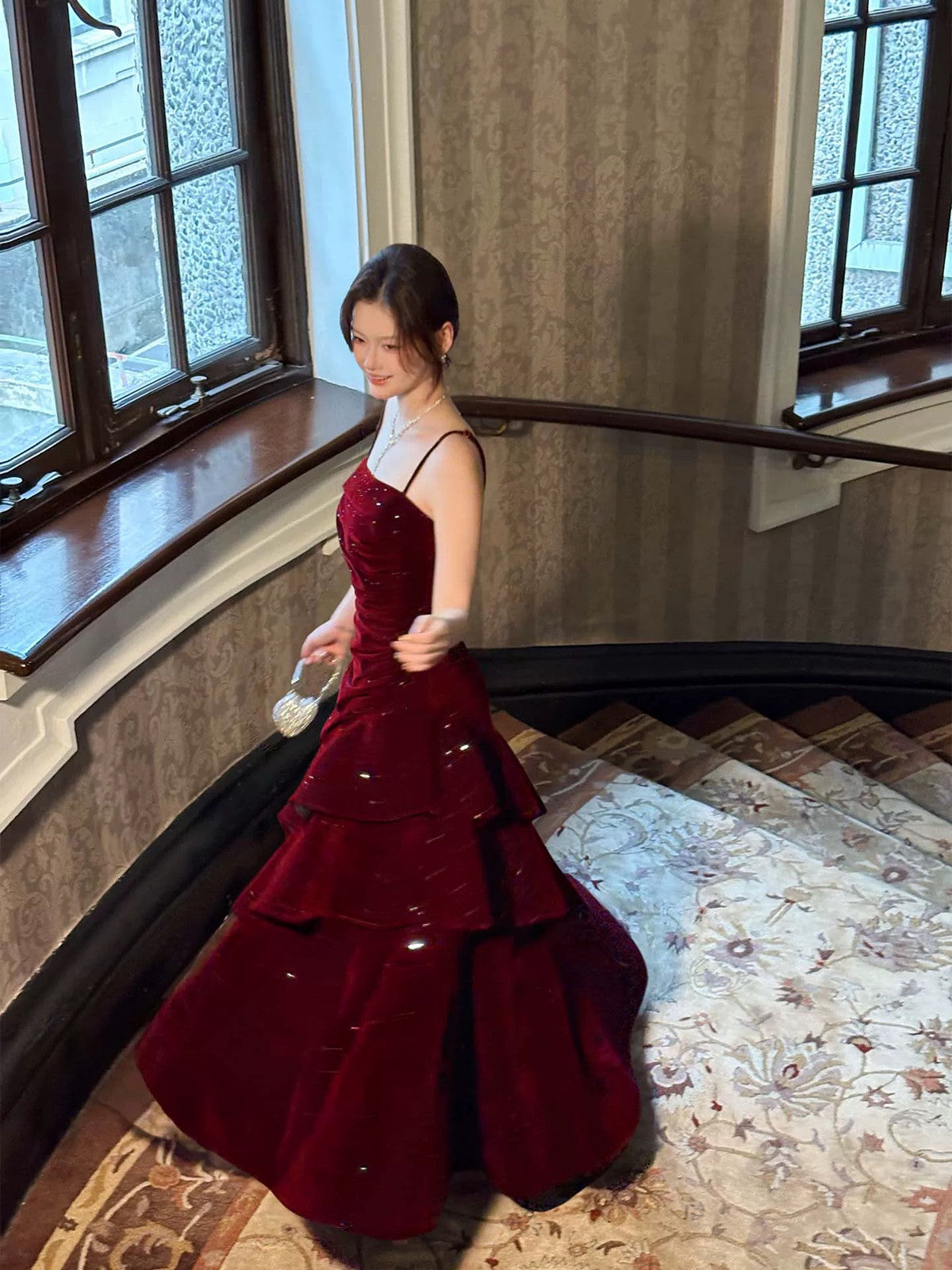 Wine Red Velvet Straps Layers Long Formal Dresses, Wine Red Velvet Floor Length Formal Prom Dresses Secondary image