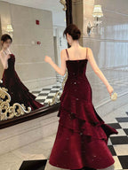 Wine Red Velvet Straps Layers Long Formal Dresses, Wine Red Velvet Floor Length Formal Prom Dresses