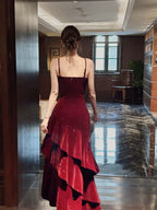 Wine Red Velvet Straps Layers Long Formal Dresses, Wine Red Velvet Floor Length Formal Prom Dresses