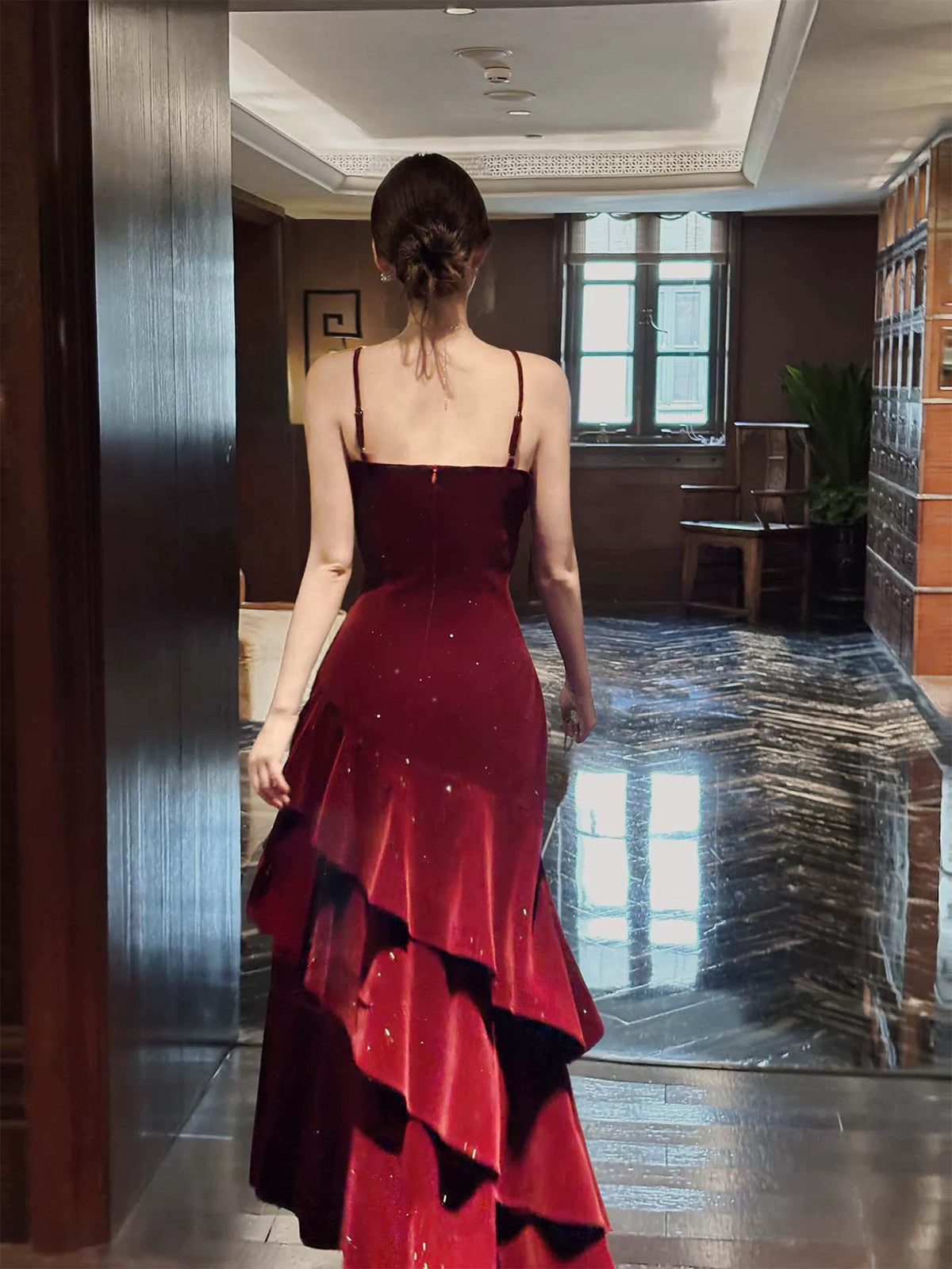 Wine Red Velvet Straps Layers Long Formal Dresses, Wine Red Velvet Floor Length Formal Prom Dresses