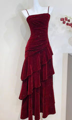 Wine Red Velvet Straps Layers Long Formal Dresses, Wine Red Velvet Floor Length Formal Prom Dresses