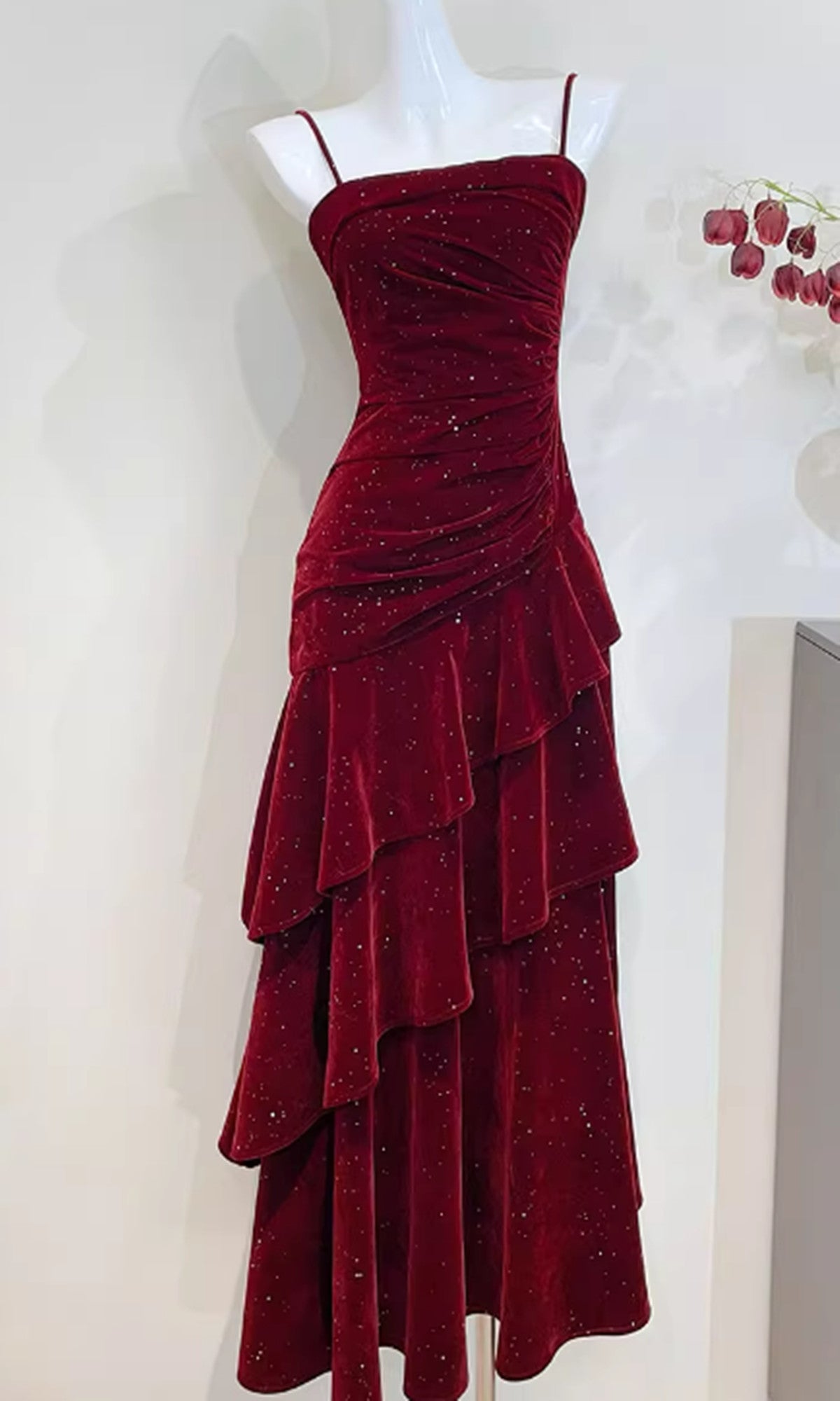 Wine Red Velvet Straps Layers Long Formal Dresses, Wine Red Velvet Floor Length Formal Prom Dresses