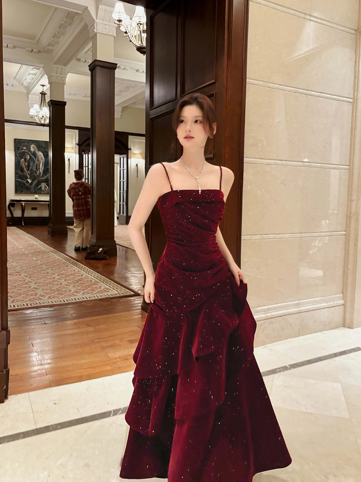 Wine Red Velvet Straps Layers Long Formal Dresses, Wine Red Velvet Floor Length Formal Prom Dresses Main image