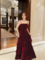 Wine Red Velvet Straps Layers Long Formal Dresses, Wine Red Velvet Floor Length Formal Prom Dresses