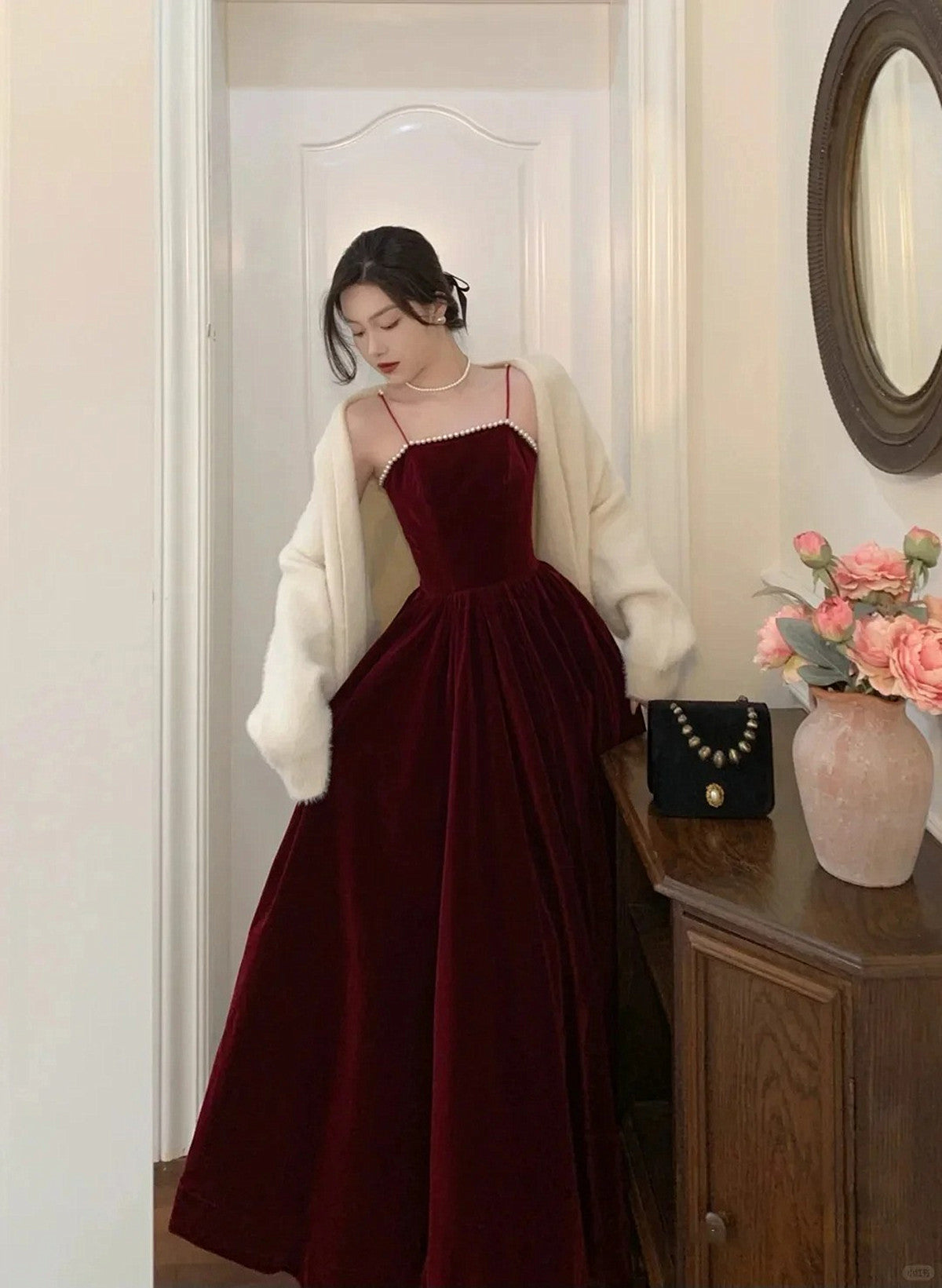 Wine Red Velvet Straps Long Formal Evening Dresses, Wine Red Velvet Formal Prom Dresses