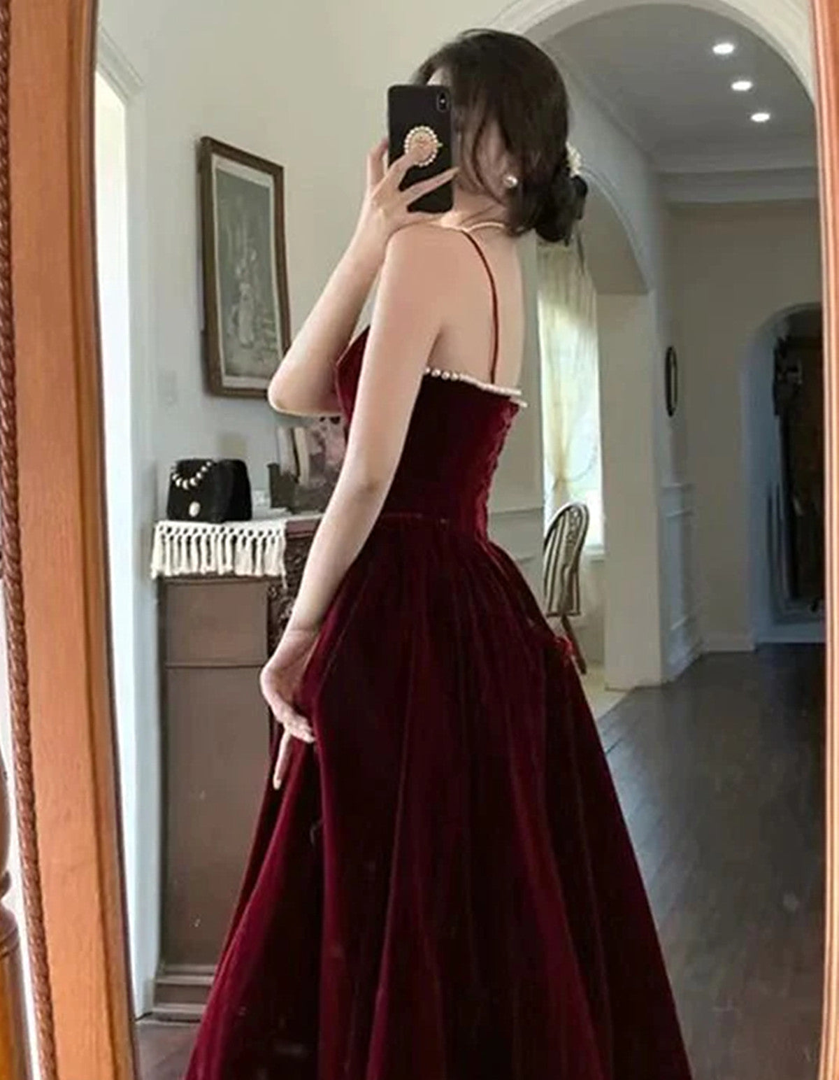 Wine Red Velvet Straps Long Formal Evening Dresses, Wine Red Velvet Formal Prom Dresses