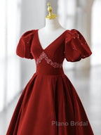 Wine Red Velvet V-Neckline Beaded Short Sleeves Party Dresses, Wine Red Long Formal Prom Dresses