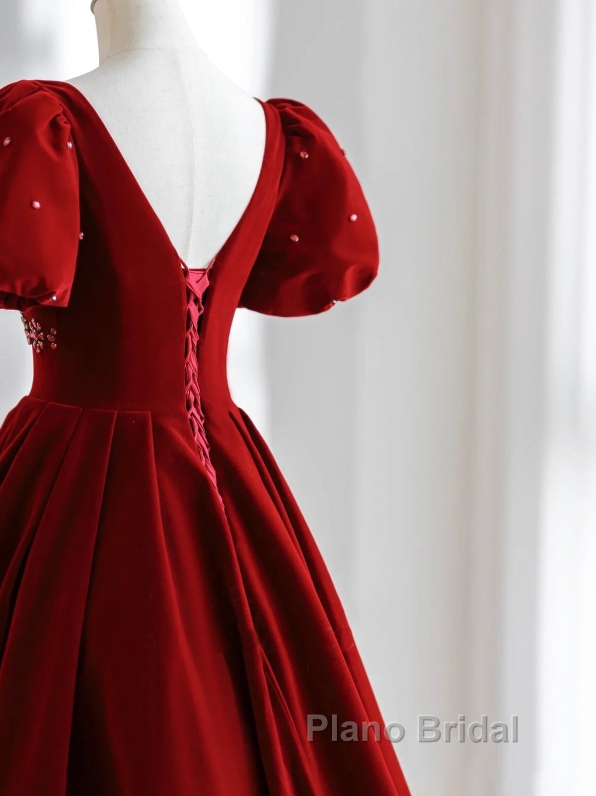 Wine Red Velvet V-Neckline Beaded Short Sleeves Party Dresses, Wine Red Long Formal Prom Dresses