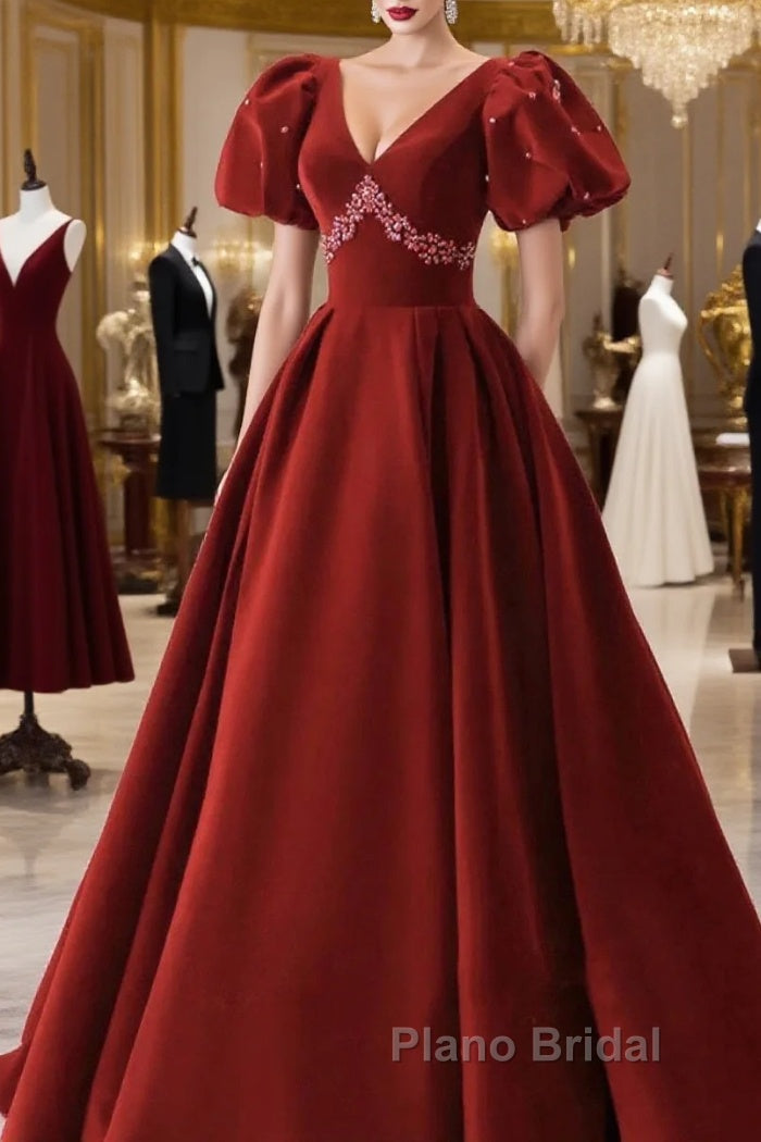 Wine Red Velvet V-Neckline Beaded Short Sleeves Party Dresses, Wine Red Long Formal Prom Dresses Main image