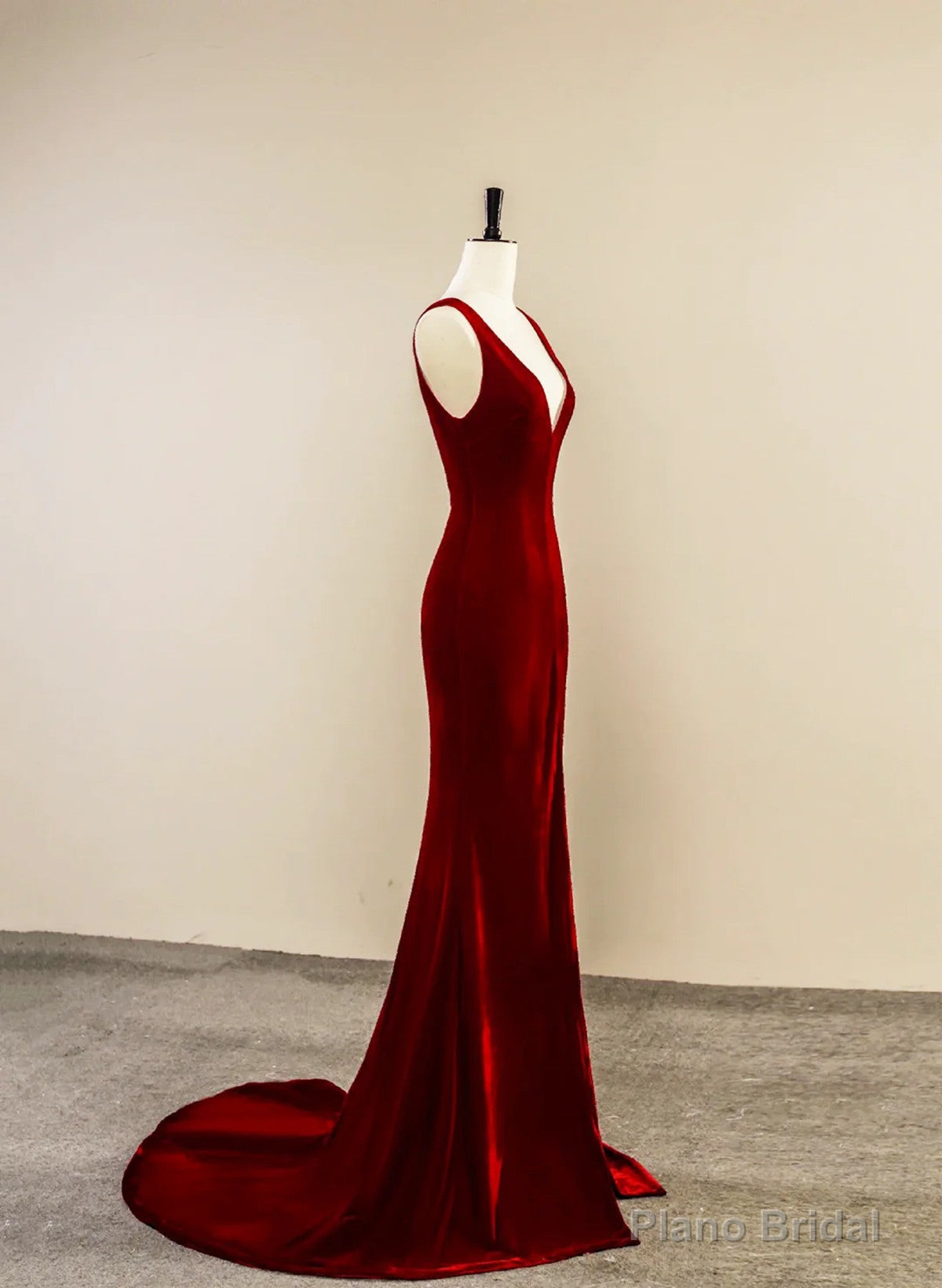 Wine Red Velvet V-neckline Long Party Dress, A-line Velvet Evening Dress with Slit Main image