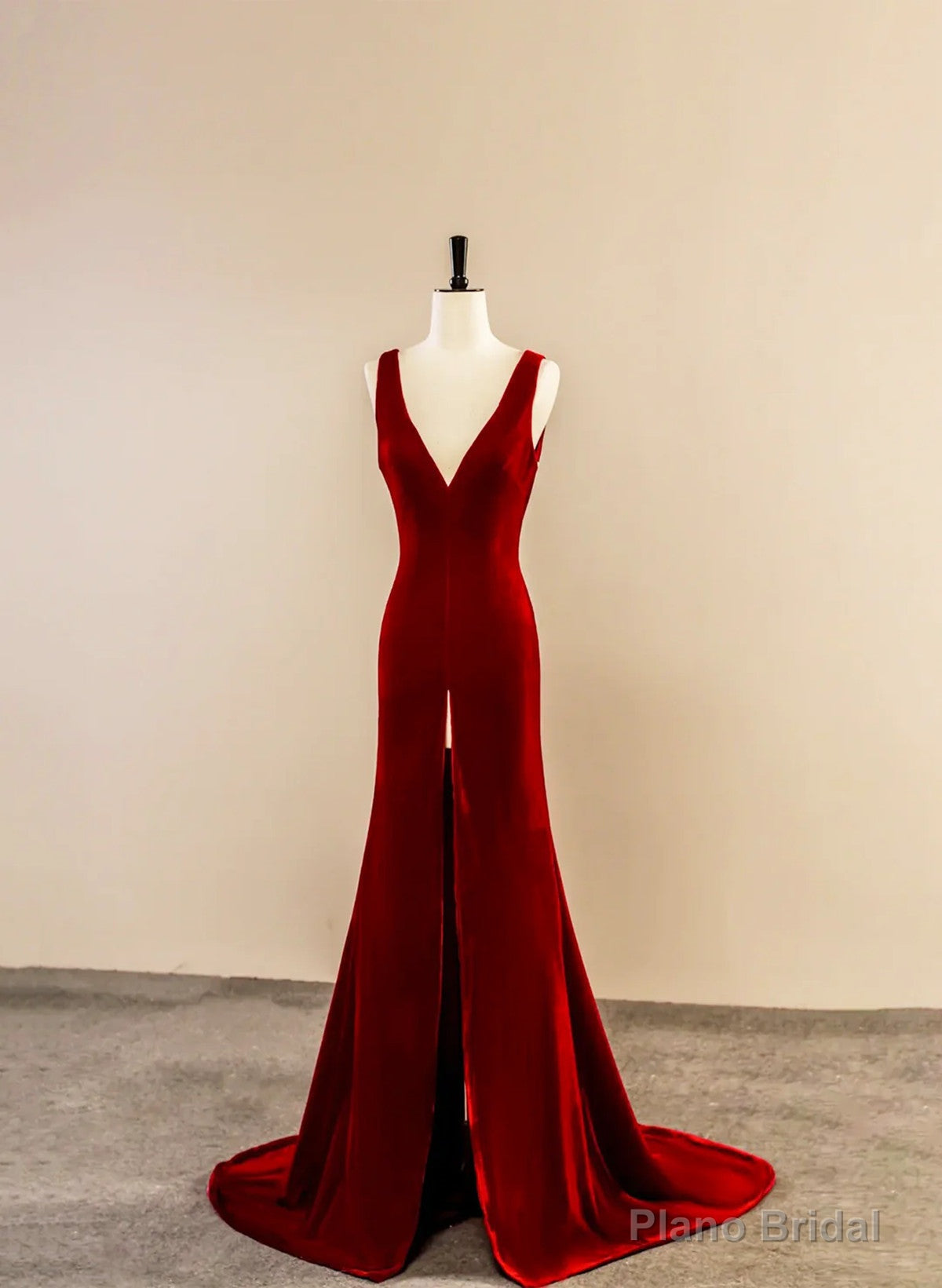 Wine Red Velvet V-neckline Long Party Dress, A-line Velvet Evening Dress with Slit