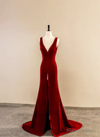 Wine Red Velvet V-neckline Long Party Dress, A-line Velvet Evening Dress with Slit