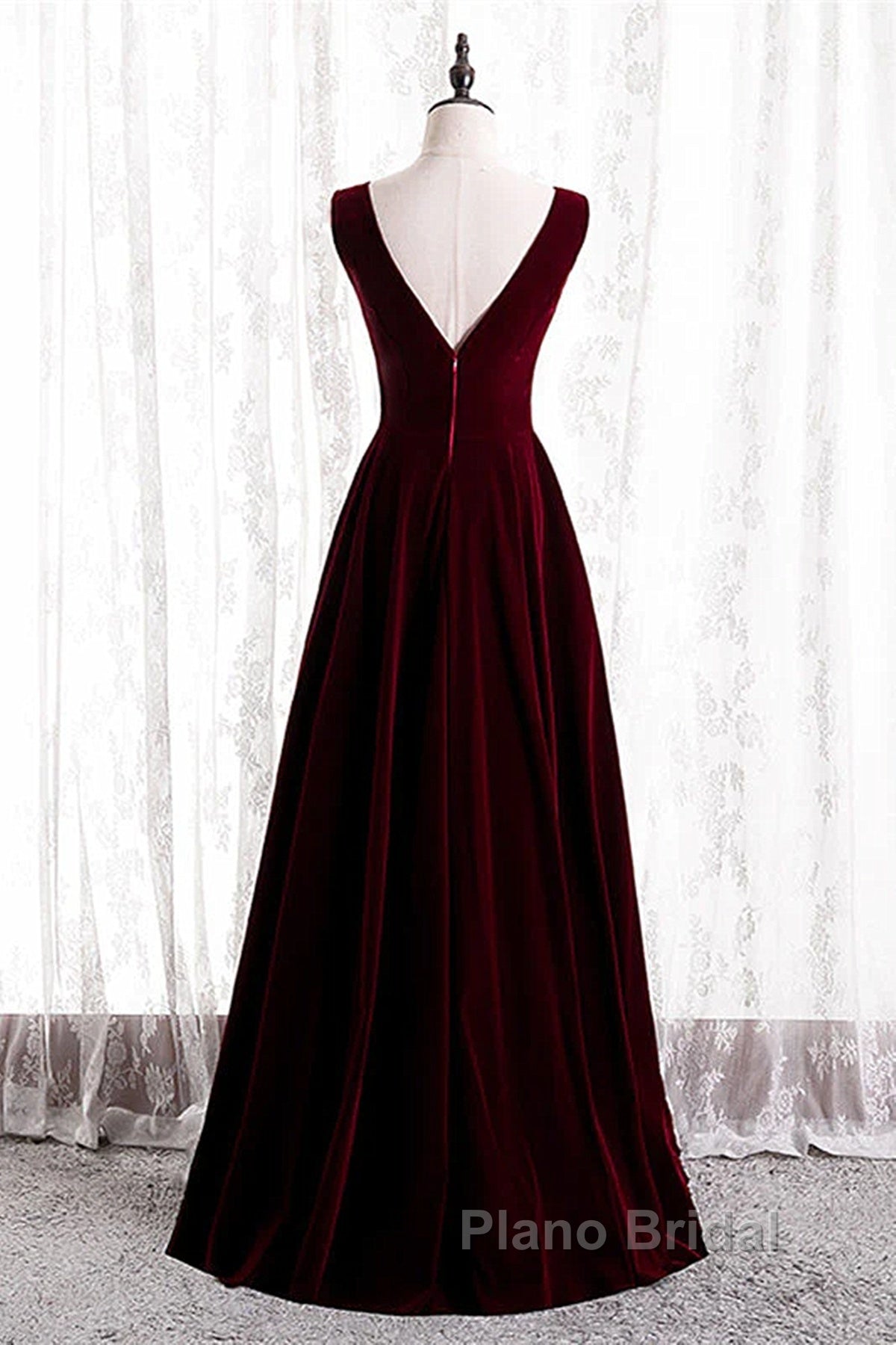 Wine Red Velvet V-Neckline Simple Long Party Dresses, Wine Red Bridesmaid Dresses Secondary image