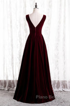 Wine Red Velvet V-Neckline Simple Long Party Dresses, Wine Red Bridesmaid Dresses