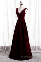Wine Red Velvet V-Neckline Simple Long Party Dresses, Wine Red Bridesmaid Dresses