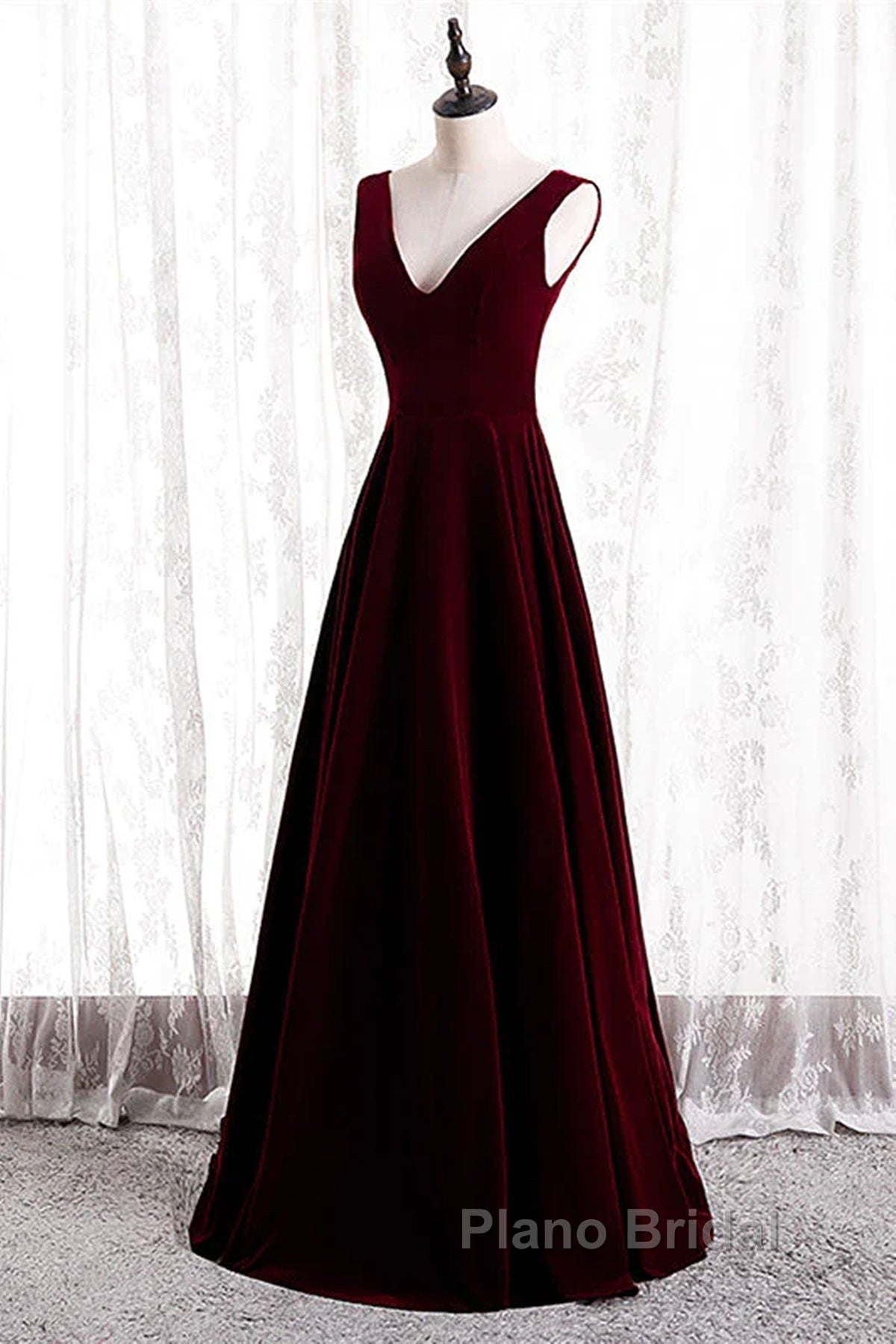 Wine Red Velvet V-Neckline Simple Long Party Dresses, Wine Red Bridesmaid Dresses