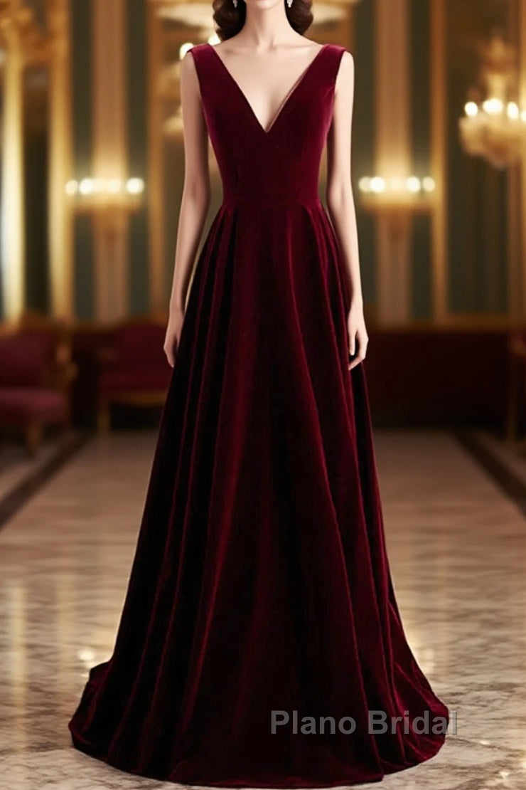 Wine Red Velvet V-Neckline Simple Long Party Dresses, Wine Red Bridesmaid Dresses