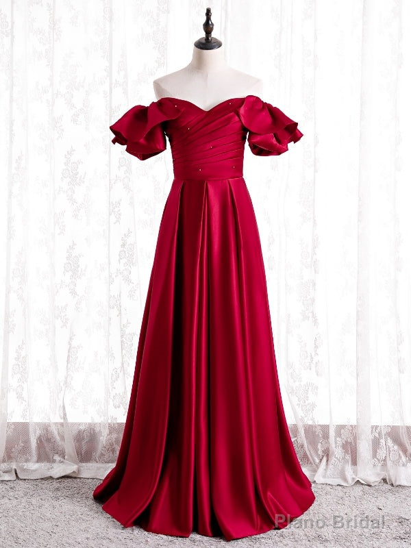 Winsome Burgundy Satin Off the Shoulder Pleats Prom Dress Main image