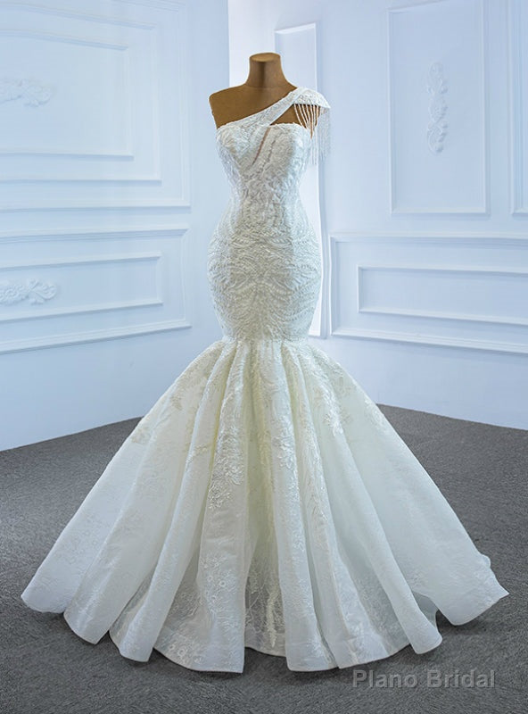 With 1000s Of White Mermaid Tulle Appliques One Shoulder Cap Sleeve Beading Wedding Dress Main image