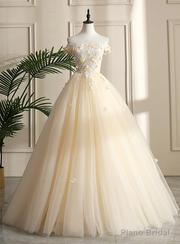 With 28 Colors Available. Champagne Ball Gown Tulle Off the Shoulder Appliques Beading Quinceanera Dress Main image