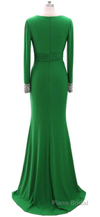 Women Long Mother of Bride Dresses Green Grey Long Sleeve V Neck Evening Dresses