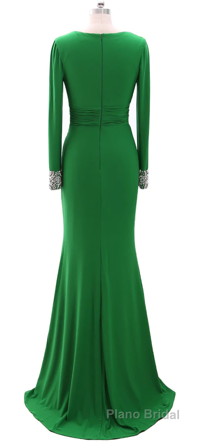 Women Long Mother of Bride Dresses Green Grey Long Sleeve V Neck Evening Dresses Secondary image