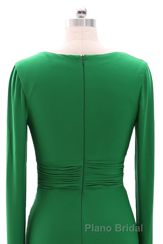 Women Long Mother of Bride Dresses Green Grey Long Sleeve V Neck Evening Dresses