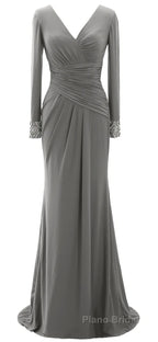 Women Long Mother of Bride Dresses Green Grey Long Sleeve V Neck Evening Dresses