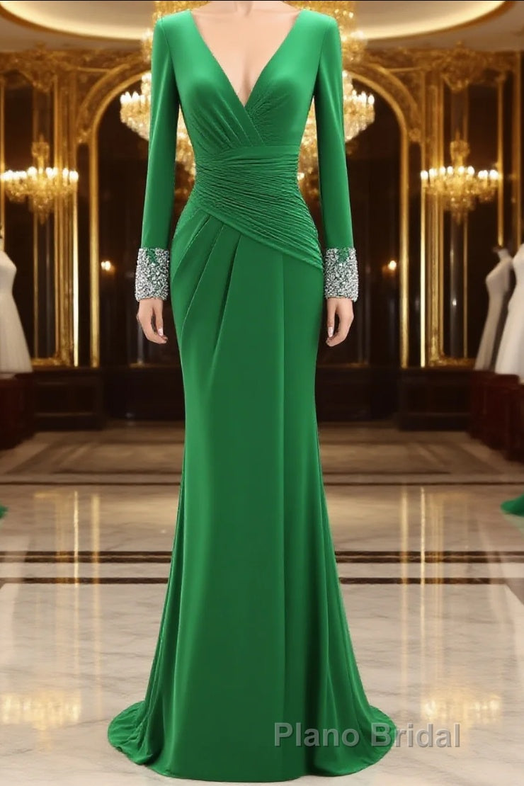 Women Long Mother of Bride Dresses Green Grey Long Sleeve V Neck Evening Dresses Main image