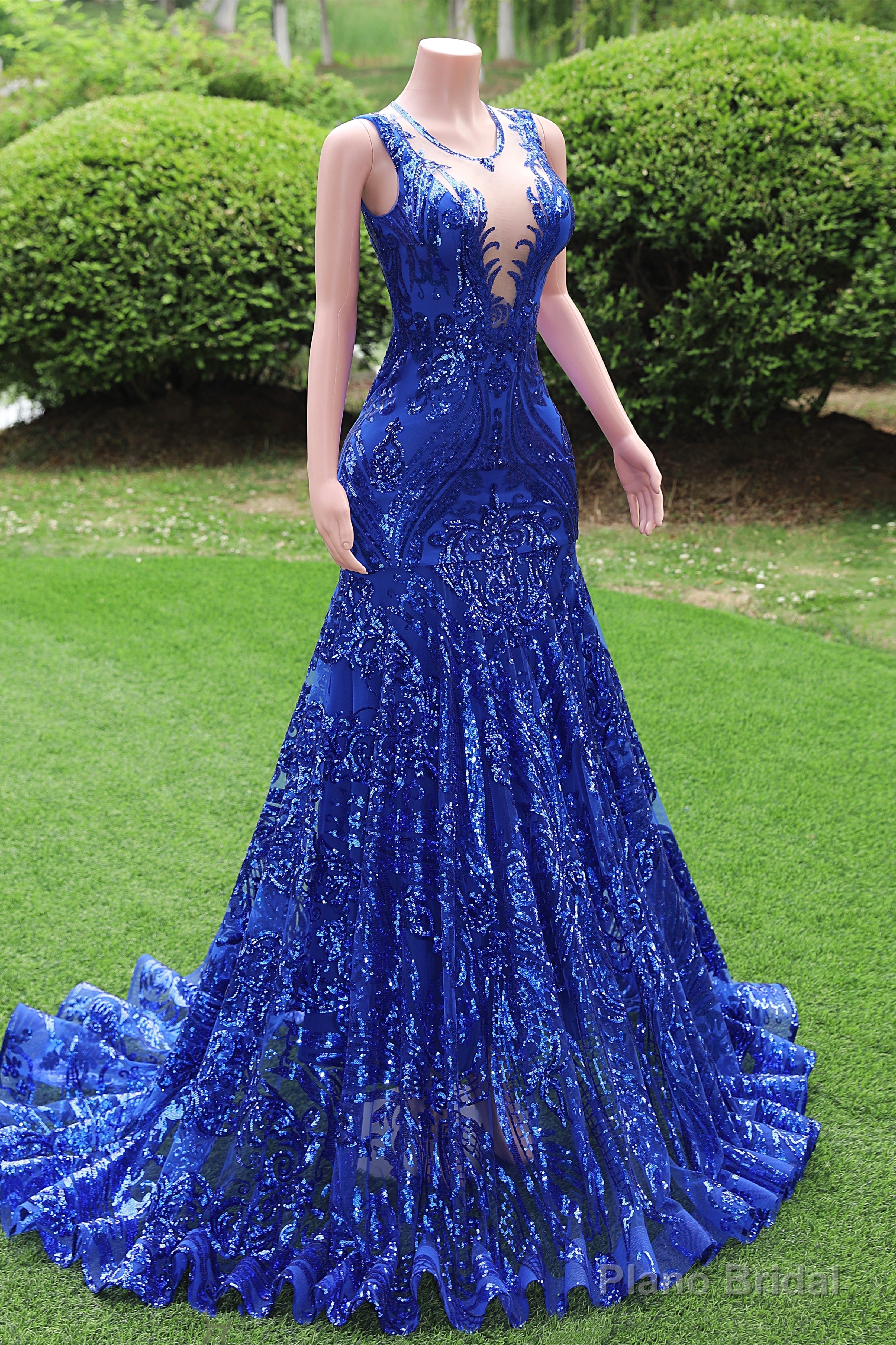 Women Sequined Royal Blue Prom Dresses Sleeveless Cocktail Party Gowns