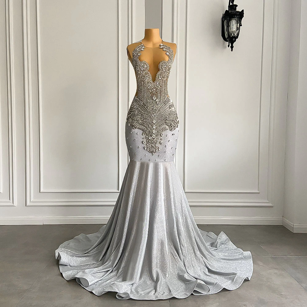 Women Silver Long Mermaid Formal Prom Dresses Sexy Sheer Mesh Luxury Sparkly Handmade Diamond Black Girl Formal Prom Formal Gala Gowns Secondary image