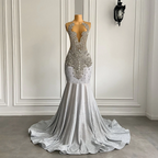 Women Silver Long Mermaid Formal Prom Dresses Sexy Sheer Mesh Luxury Sparkly Handmade Diamond Black Girl Formal Prom Formal Gala Gowns